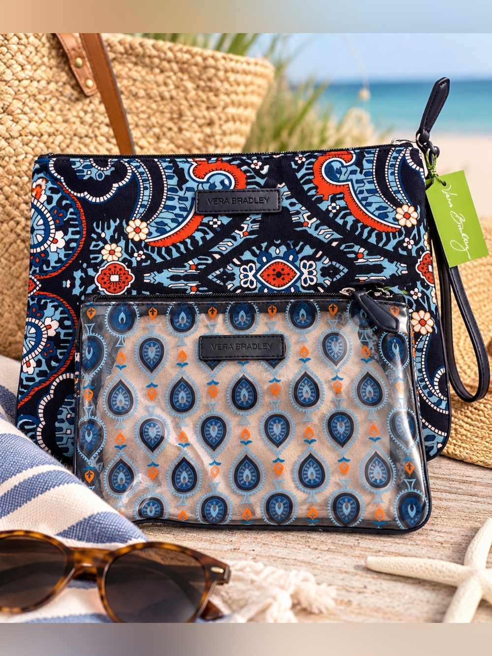 Vera Bradley Beach Pouch Set Marrakesh 2 Piece Wristlet NWT